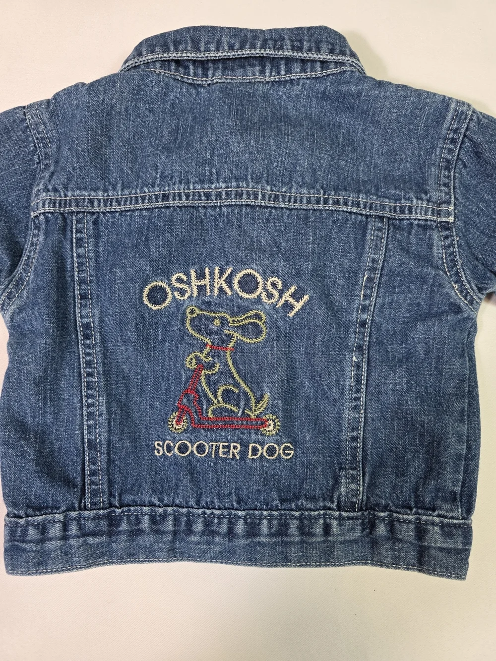 Vintage OshKosh B’gosh Baby Denim Jacket Scooter Dog 6-9M Blue USA